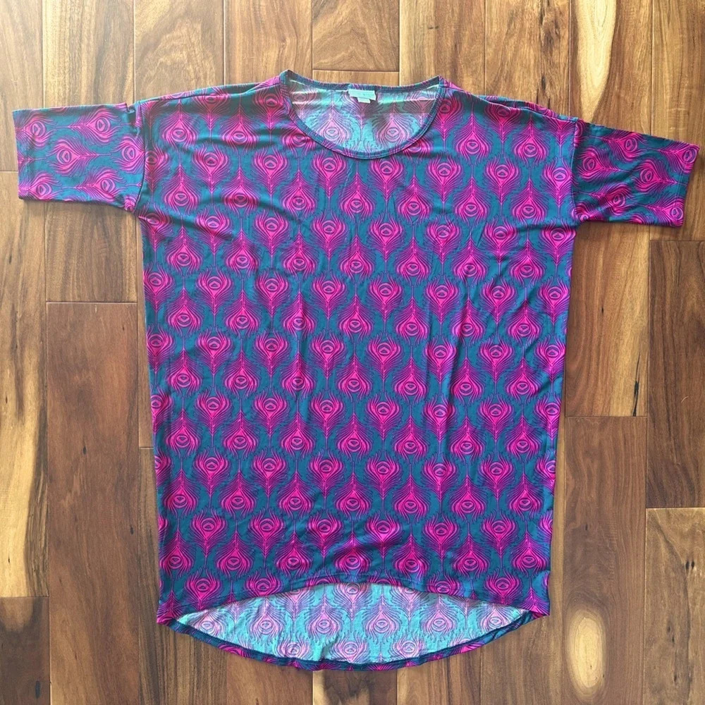 LuLaRoe Peacock Feather Print Irma Tunic Shirt Slinky Material size Small